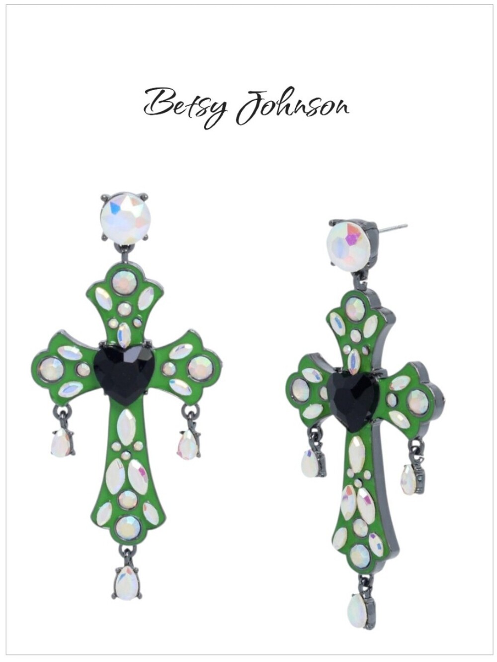 NWT Betsey Johnson Ghoul Friends Green Stone Cross Drop Earrings Black Heart
